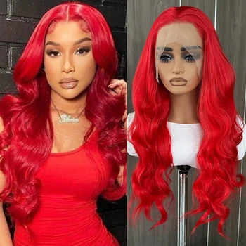 Hot Red Lace Wig 13x4 Long Body Wave Synthetic Lace Front Wig for Women Glueless Natural Hairline Daily Wear Wigs Frontal Lace