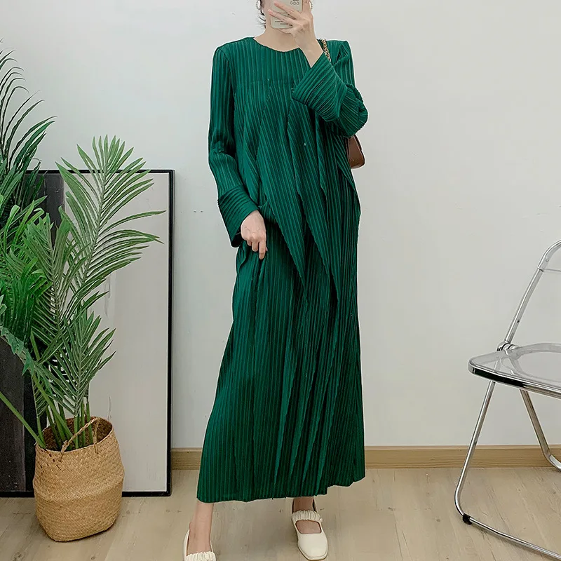 

Pleated Dress 2023 Autumn New Three-Quarter Sleeve Long Lotus Edge Dress Foreign Trade Evening Long Dress []