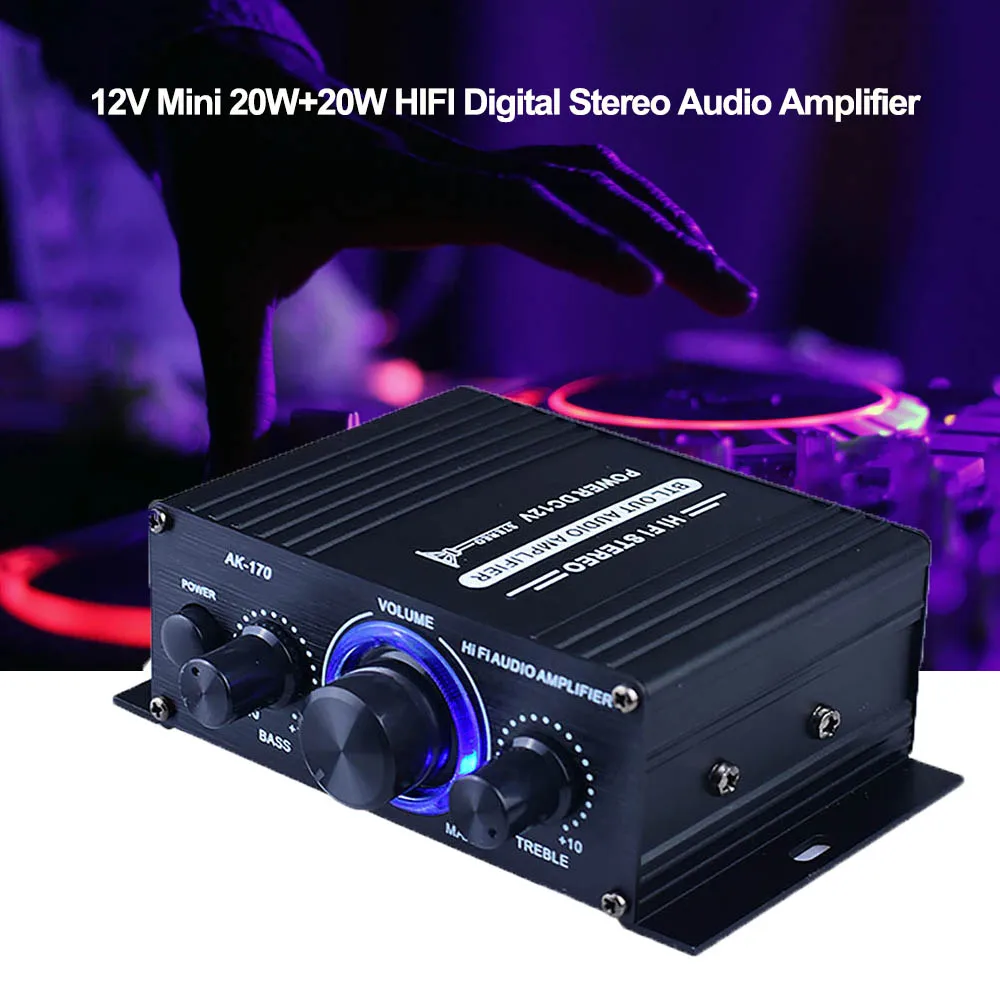 AK170 12V Mini 40W 20*20W HIFI Digital Stereo Audio Amplifier for Car AMP Amplificador FM Radio Microphone Car Home Theater