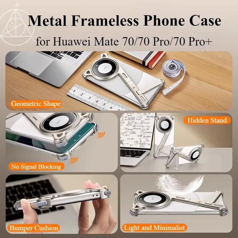Eary Metal Frameless Phone Case for Huawei Mate 70 Pro/Pro+ With Kickstand 110° Adjustable Shockproof Protective Cover Shells