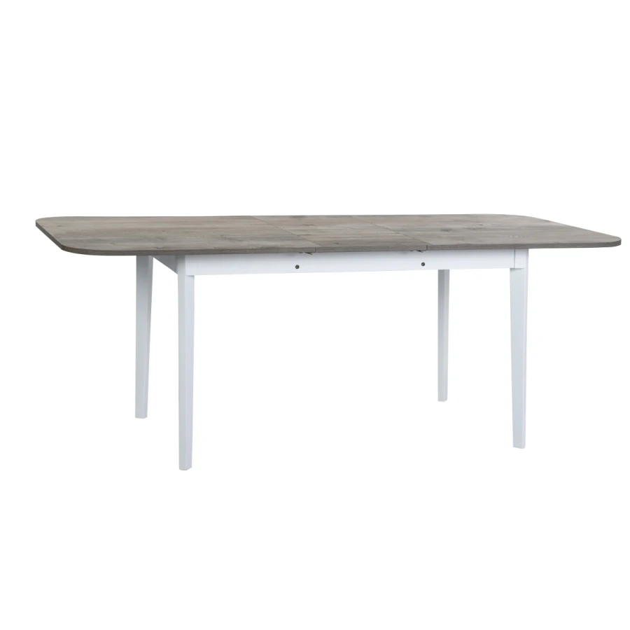 Extendable Dining Table, Removable SelfStoring Leaf, Grey wood table amp; white legs