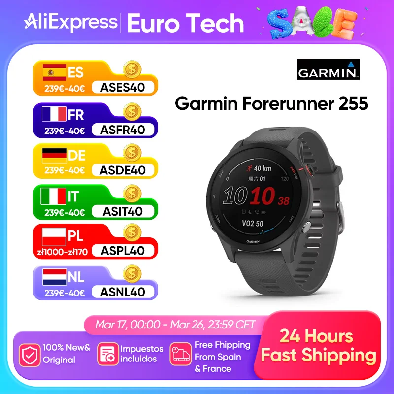 Garmin Forerunner 255 Sports Smartwatch 46mm 1.3'' Color Screen 14 Days Battery Life 4GB RAM NFC Bluetooth Wifi 5ATM Waterproof