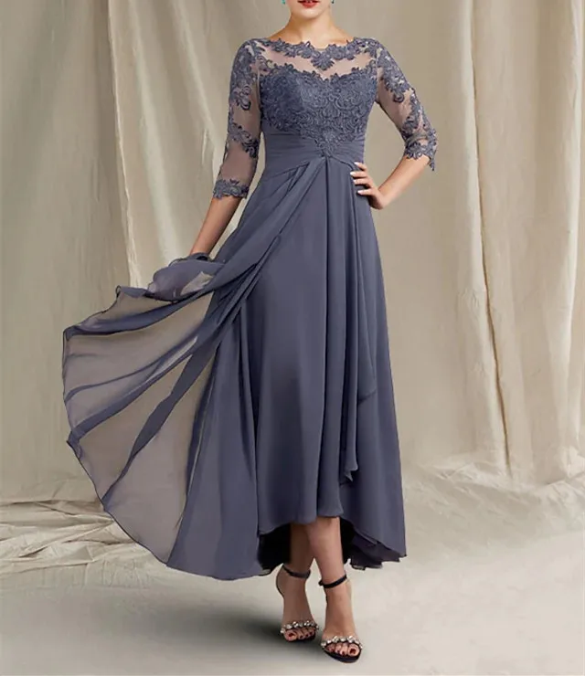 

A-Line Lace Mother of the Bride Dress Plus Size Elegant Jewel Neck Asymmetrical Tea Length Chiffon 3/4 Sleeve with Ruffles