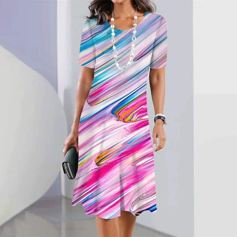 

Summer Women's Fashionable Dress Colorful Printed Round Neck Short Sleeved Skirt Loose Beach Skirt Sexy Skirt Women's Dress