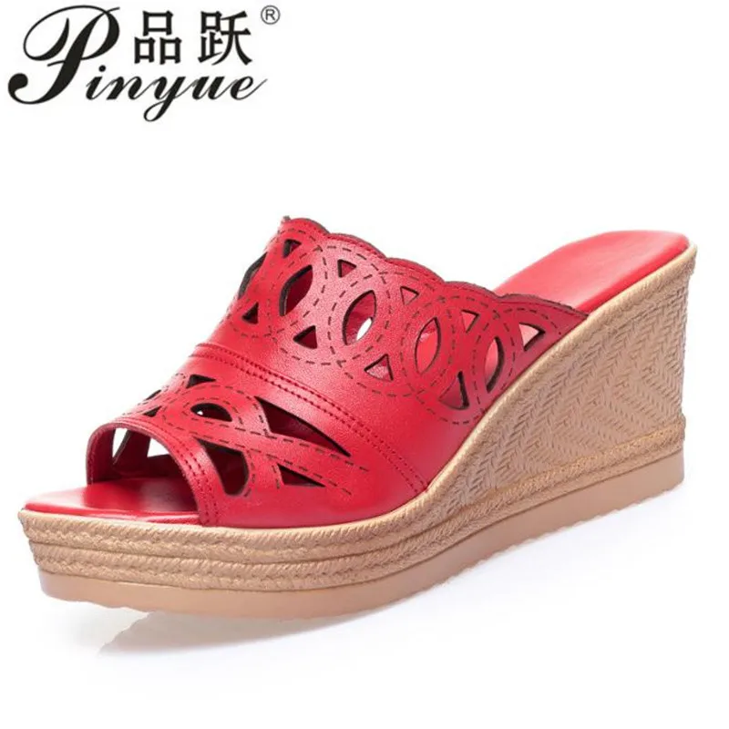 

Size 35-40 Elegant Cutout Soft Leather Shoes Summer 7.5cm Wedges Slippers Med Heels Platform Slides Women Beach Office Slippers