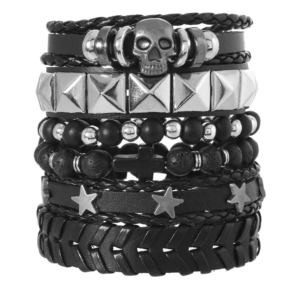 Vintage Gothic Style Leather Bracelets For Men Fashion Punk Cosplay Cross Star Braided Rope Chain Leather Bracelets Gifts