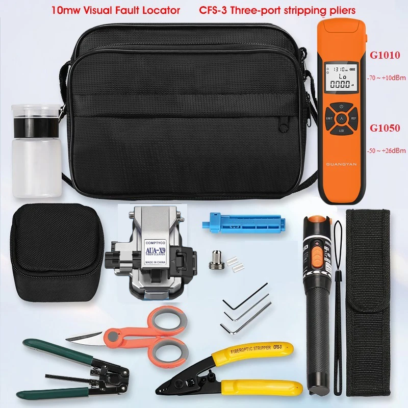 MAYTO FTTH Fiber Optic Tool Kit with AUA-X9 Fiber Cleaver -70~+10dBm/-50~+26dBm G10 Optical Power Meter