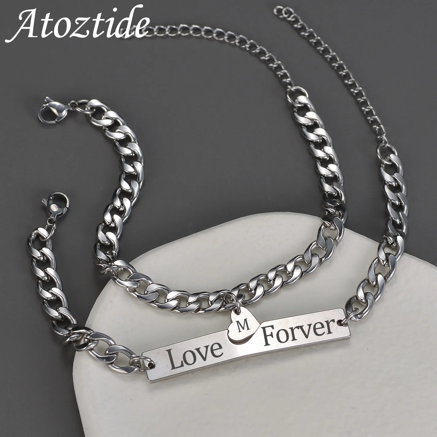 

Atoztide Personalized Engrave Name Bracelet For Women Couple Heart Stainless Steel Custom Letter Cuban Chain Bangle Jewelry Gift