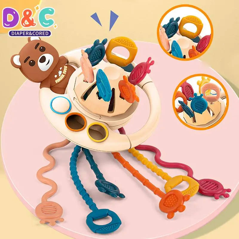 

5 IN 1 Pink Pig Silicone Pull String Baby Develop Teething Montessori Sensory Educational Toy Travel Toys For Stroller