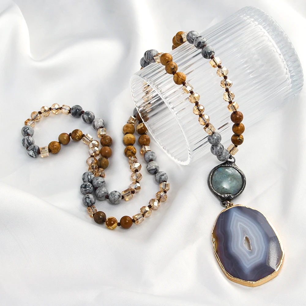 New Vintage bohemian style 8mm natural stone glass knot necklace