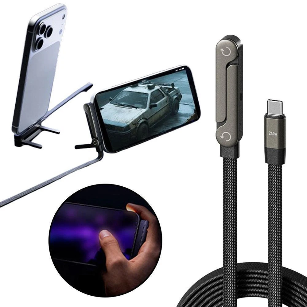 240W 2 in 1 Fast Charging Cable With Integrated Stand Flat USB C Cable Right Angle Charger Cord Foldable Cord For iPhone Samsun 1