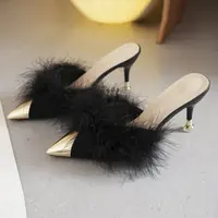 2024 NEW Summer Women Pump Feather Heels Fashion Simple Wind Mule Slippers Women's Slide Stiletto Heels Shoes for Women  Heels 2