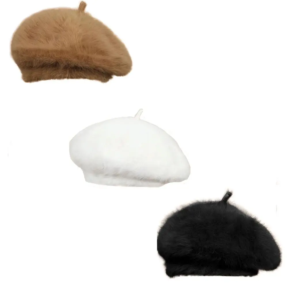 Beret Hat Warmer Plush Flat Hats Solid Color Thicken Autumn Winter Cap Clothes Accessories Panama Hat Warm Beanie Party Woolen Beret