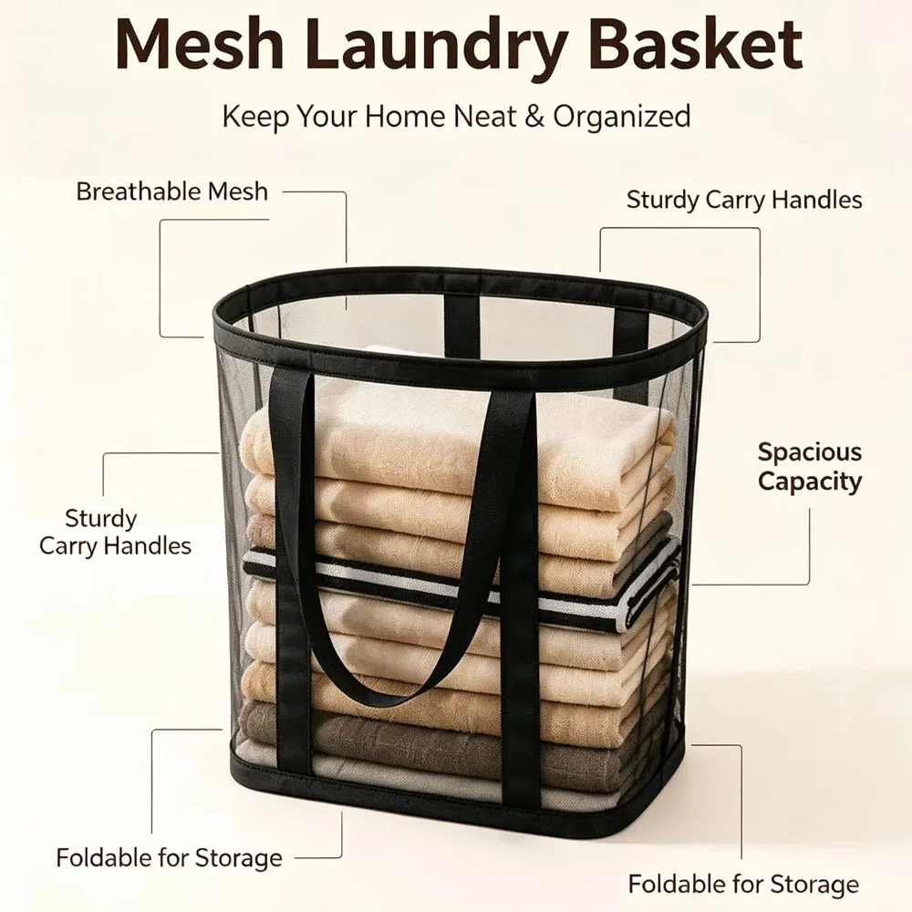Foldable Mesh Laundry Basket with Reinforced Handle - Large Capacity Multi-Functional Storage Organizer