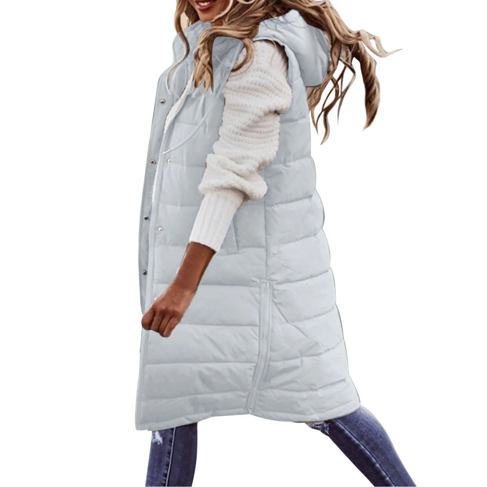 Description Picture 4 of itemLong Puffer Waistcoat Women Lightweight Single Breasted Solid Color Mid Length Cotton Padded Jacket With Pockets Sleeveless Vest