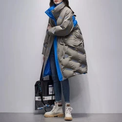 Grey letter printed down jacket for women's medium long 2023 winter new Korean stand collar 90% white duck down coat thicken