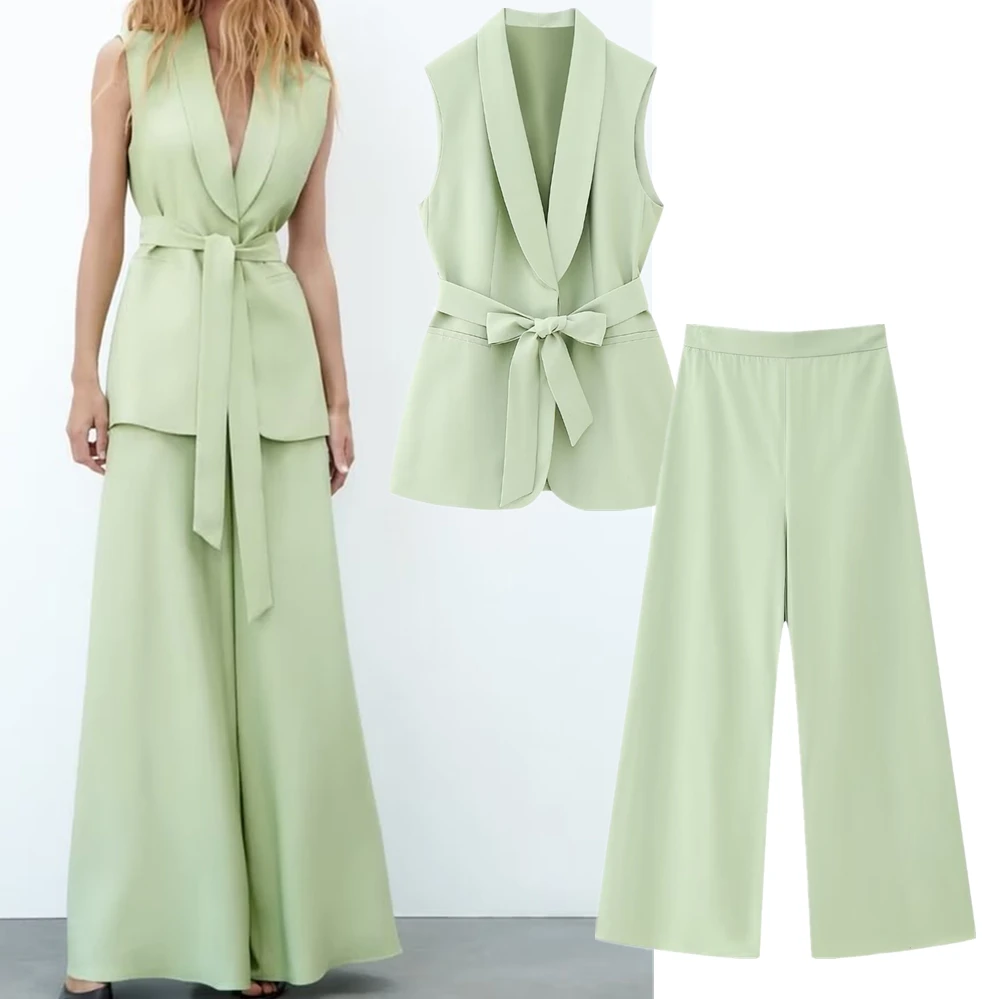 

Elmsk 2023 New French Office Ladies High Fashion Waist Light Green Suit Vest Wide Leg Pants Suit Female Two Pieces Sets Women