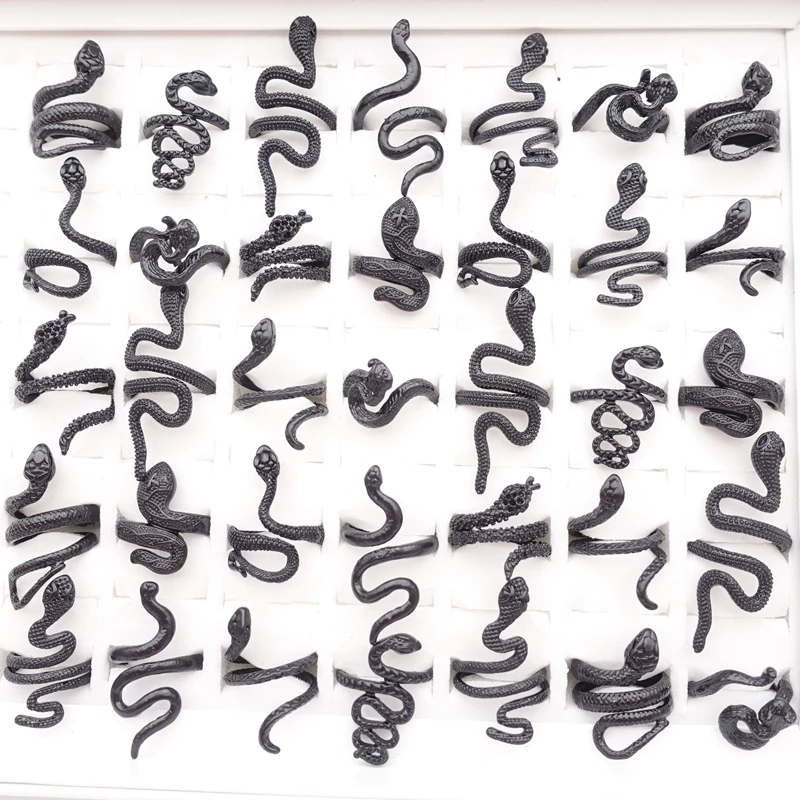 30pcs Men Women Snake Rings Fashion Jewelry Punk Style Animal Party Gift Wholesale Lot Size Adjustable Black Gold Silver Plated