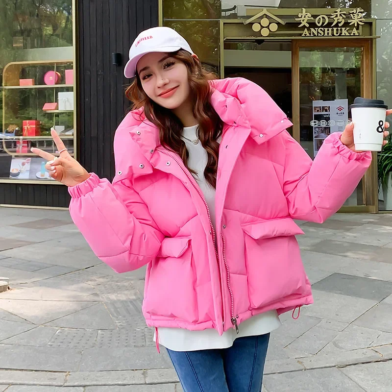 Autumn Winter Stand Collar Puffer Jacket Hooded Parka Women Big Pocket Zipper Buttons Down Cotton Jackets Long Sleeve Pink Green