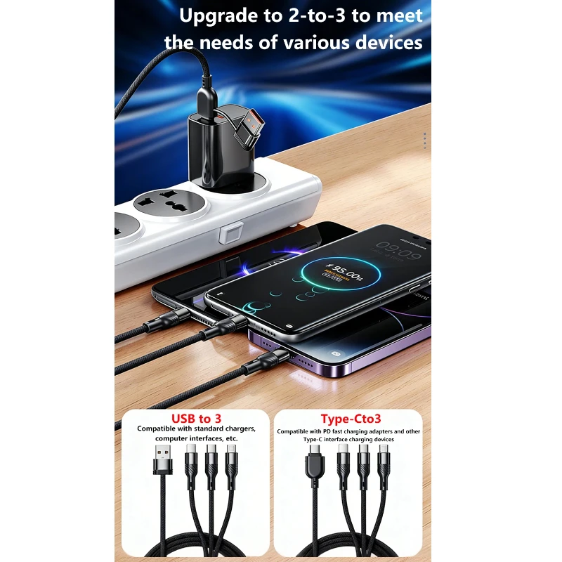 240w 초고속 충전 2-to-3 충전 케이블 3-in-1 고속 충전 1-to-3 데이터 케이블 휴대폰 3 헤드 다기능 업그레이드
