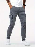 Pantalon de travail en denim pour hommes, délavé, couleur unie, multi-poches, décontracté, taille moyenne, coupe cintrée, vêtements quotidiens, pantalon de jogging 6