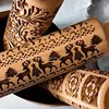 Christmas Rolling Pin with Reindeer Flower Patterns, Wooden Embossed 3D Cookie Mold Laser Engraved DIY Baking Tools Dough Roller 3