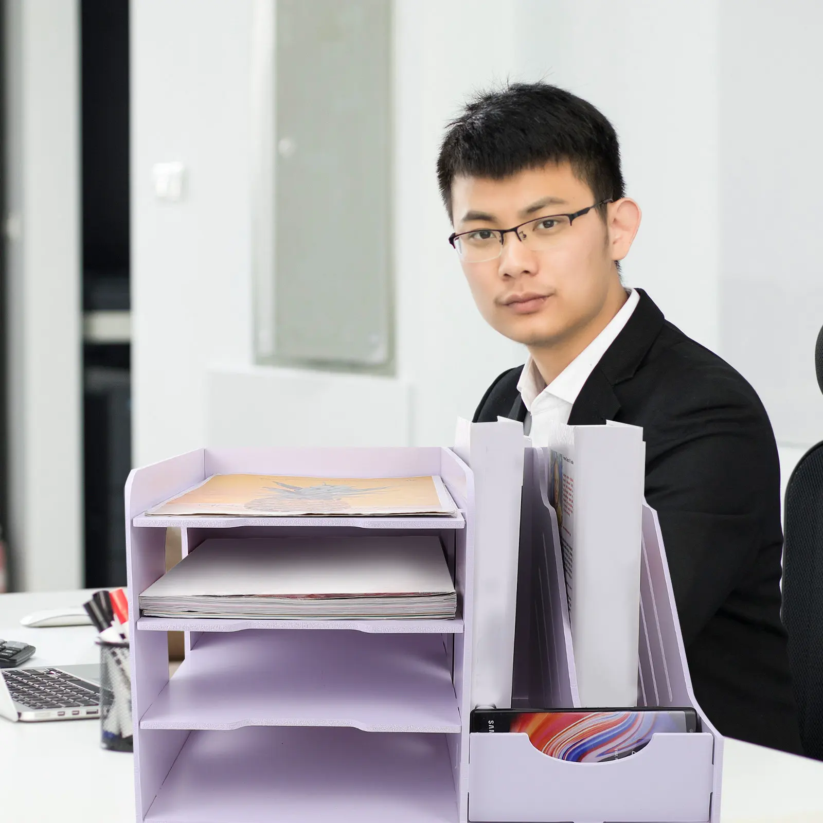 1Pcs 다층 데스크탑 파일 랙 PVC 목재 플라스틱 사무실 주최자 파일 보관 선반 문서 홀더 간단한 연구실 랙