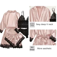 4 pièces femme vêtements de nuit pyjamas Ser avec Robe Sexy dentelle Lingerie peignoir soie Satin maison vêtements de nuit Robe 2