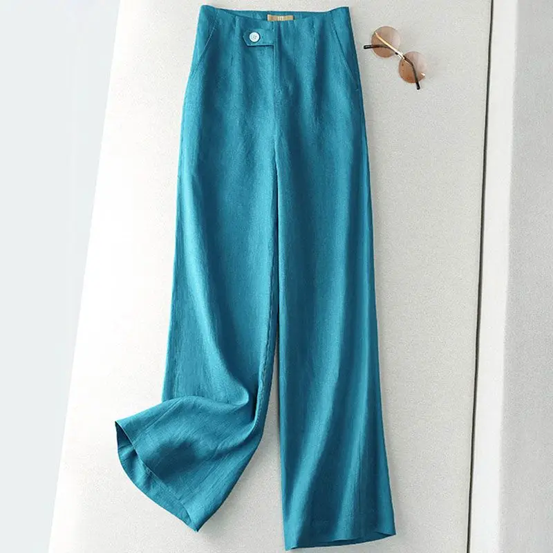 Women Casual Cotton Linen Straight Pants 2023 Spring Summer High Waist Baggy Pants Ladies Office Work Button Oversized Pantalone
