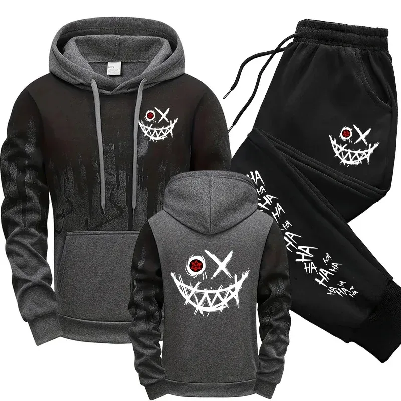 2025 Inkjet Trendy Hoodie Set Autumn Campus New Stripe Set Smiling Face Printed Hoodie Casual Pants, Essential for Trendy Men