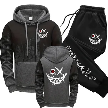 2025 Inkjet Trendy Hoodie Set Autumn Campus New Stripe Set Smiling Face Printed Hoodie Casual Pants, Essential for Trendy Men