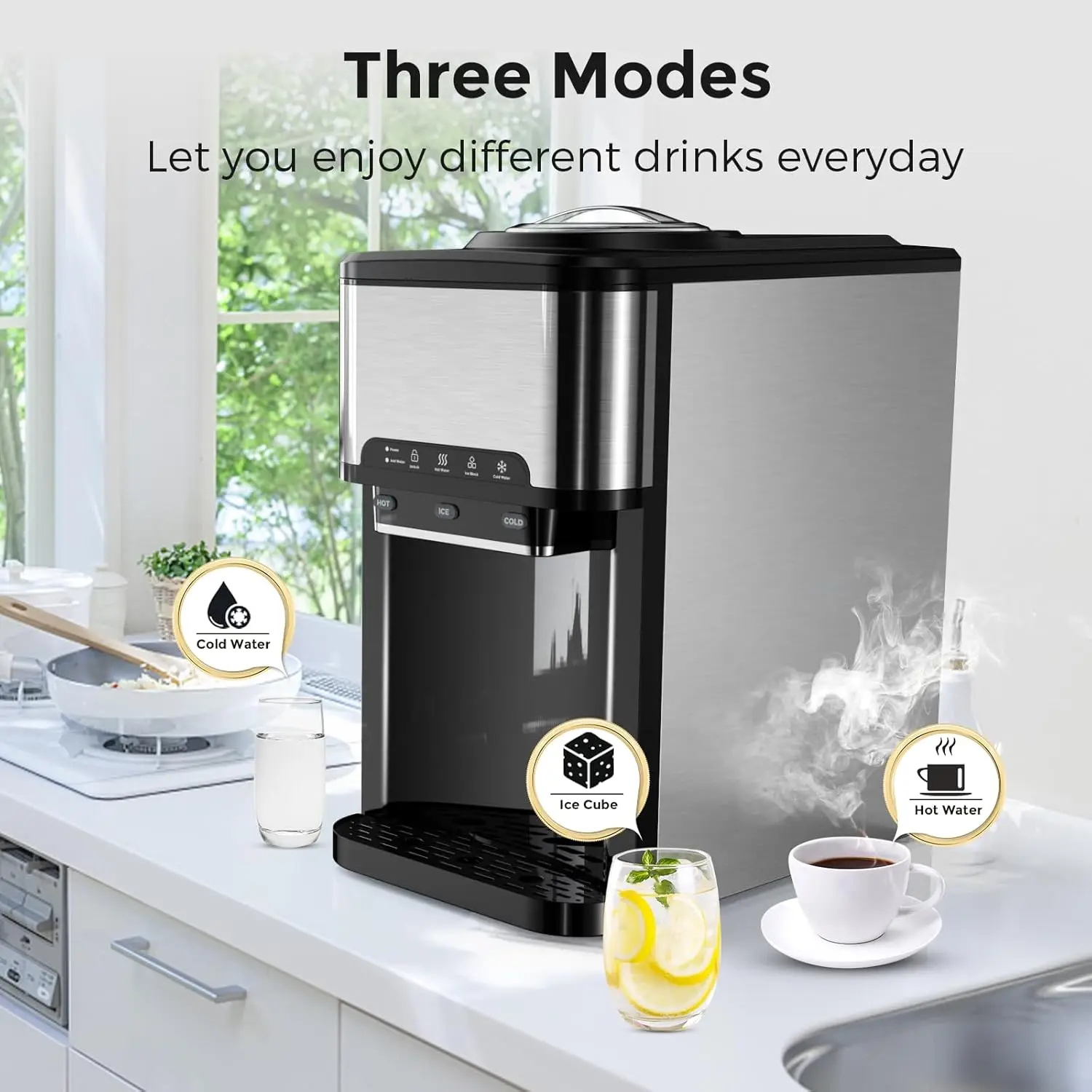 Ice Maker Machine Countertop 3 in 1 Portable Ice Maker with Hot/Cold Water Dispenser 12 Cubes in 7 Mins Stainless Steel