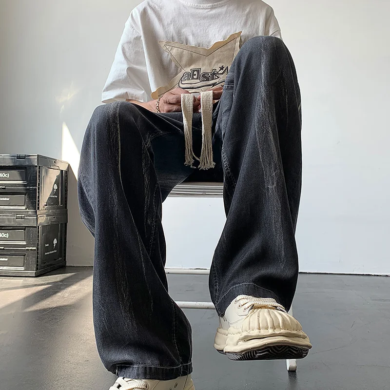 

Privathinker Men's Oversized Lyocell Jeans Elastic Waist Wide Leg Pants Fashion Solid Color Korean Male Casual Denim Trousers