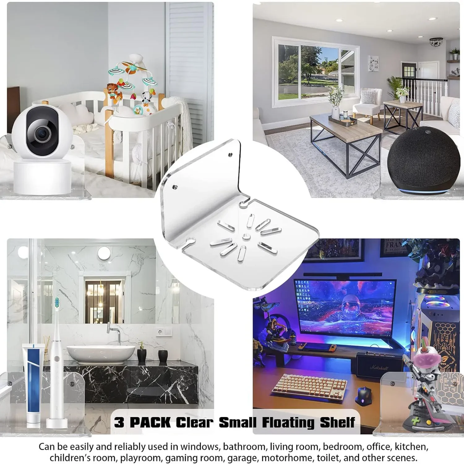3pcs Wall Shelves, Acrylic Floating Shelves Small Clear Shelf Display Ledges Adhesive Hanging Shelves for Smart Speaker Action 5
