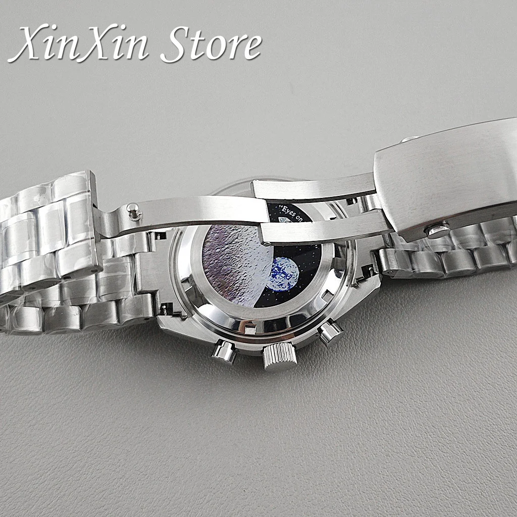 Men's 39.7mm Blue Bezel Watch Case with Moon Pattern Back and Chronograph Function for Quartz Movement, Fits 20mm Strap