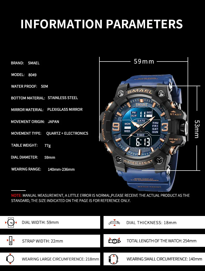 Smael Uhr Sport LED Licht Wecker Dual Time Display wasserdichte Woche Auto Datum Armbanduhren Quarz – Detail 7