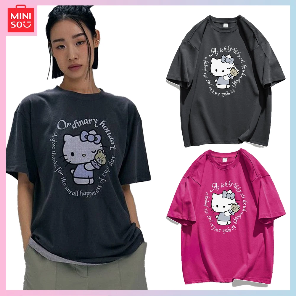 

Miniso Sanrio Summer New Hellokitty Y2K Anime Cartoon Print Round Neck Casual Loose Short Sleeve Trendy Couple T-Shirt Gift