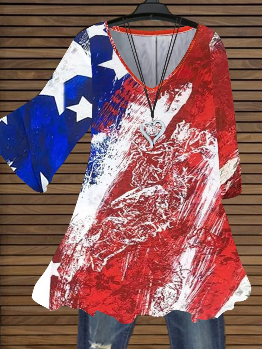 

Women's Plus Size Clothing 3/4 Sleeve Flag Print V-neck Top