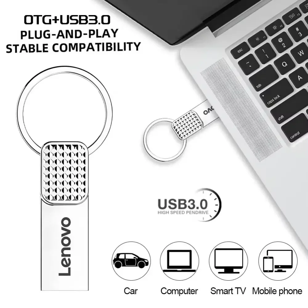 Lenovo Silver USB Flash Drive with Free Key Chain - Multiple Storage Options