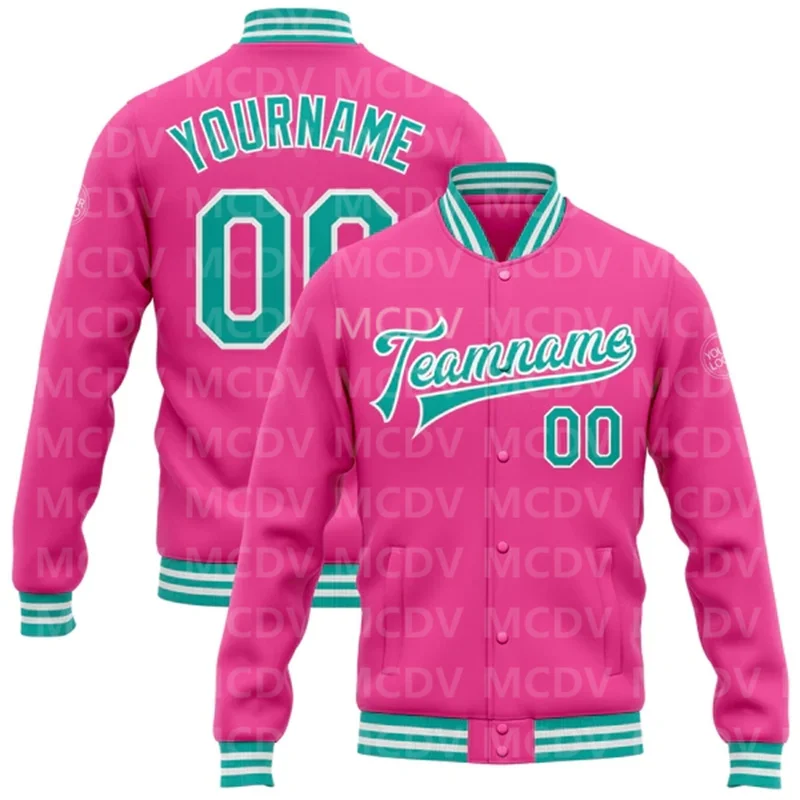 Custom Pink Sky Blue-Black Bomber Full-Snap Varsity Letterman Jacket  Baseball Button Jacket