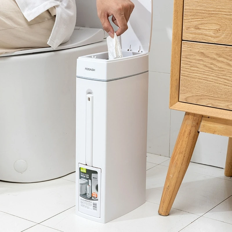 

Trash Can with Toilet Brush Holder Press Locking Lid for Bathroom Kitchen