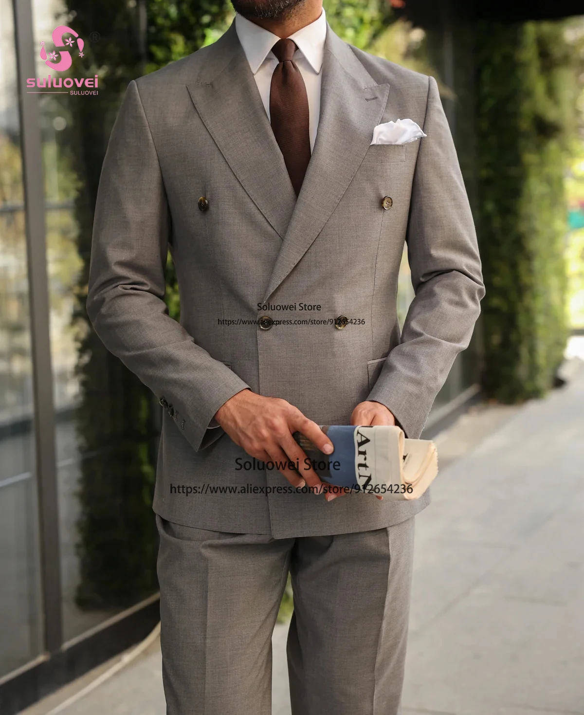 Fashion Grey Double Breasted Tuxedo Suit For Men Slim Fit 2 Piece Pants Set Groom Wedding Prom Blazer Costume Homme Pour Mariage