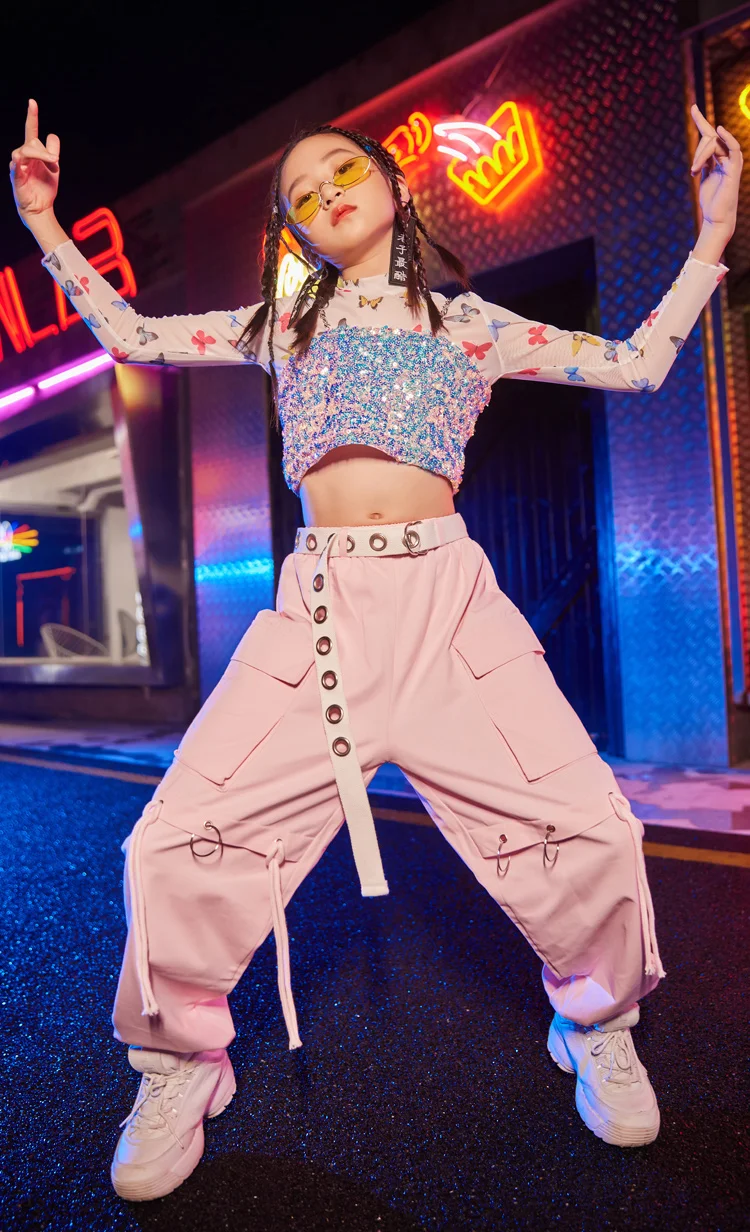 

Hip Hop Jazz Dancing Clothing Suit Girls Long Sleeve Tops Sequins Vest Loose Pants Set Street Dance Performance Costume