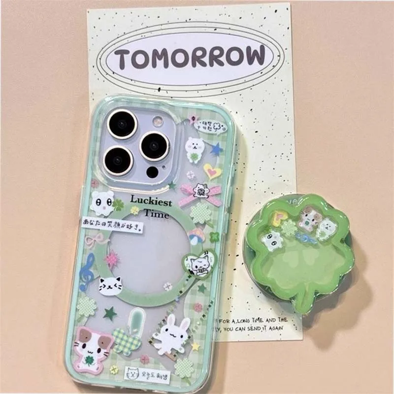 Magnetische Handyhülle mit Karomuster, vierblättrigem Kleeblatt und Katzenmotiv, inklusive magnetischer Halterung für iPhone 12, 13, 14, 15, 16, 17, 18 Pro Max.