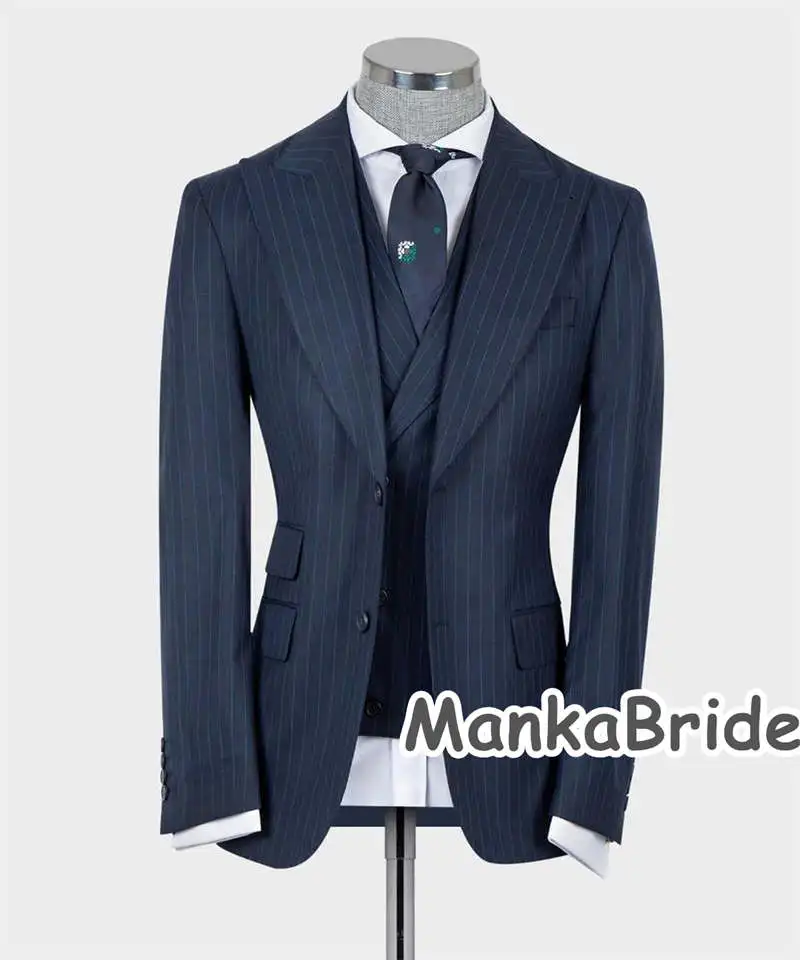 Classic Stripe Full Men's Suit for Wedding Groom Tuxedo 3pcs Blazer Vest Pants Formal Business Party Office Men's Clothing