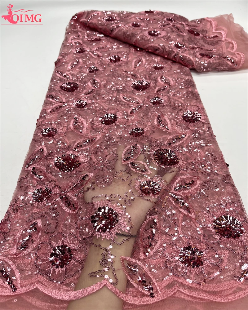 

OIMG Pink French Sequins Net Lace Fabric 2023 High Quality African 3D Lace Fabric Nigerian Embroidery Tulle Party Lace Fabric