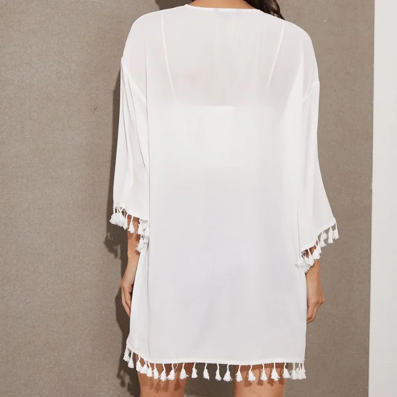 Women Swimsuit Kimono White Bohemian Loose Cardigan Tops Beach Cover Ups Holiday Sunscreen Blouses Woman Summer Beachwear