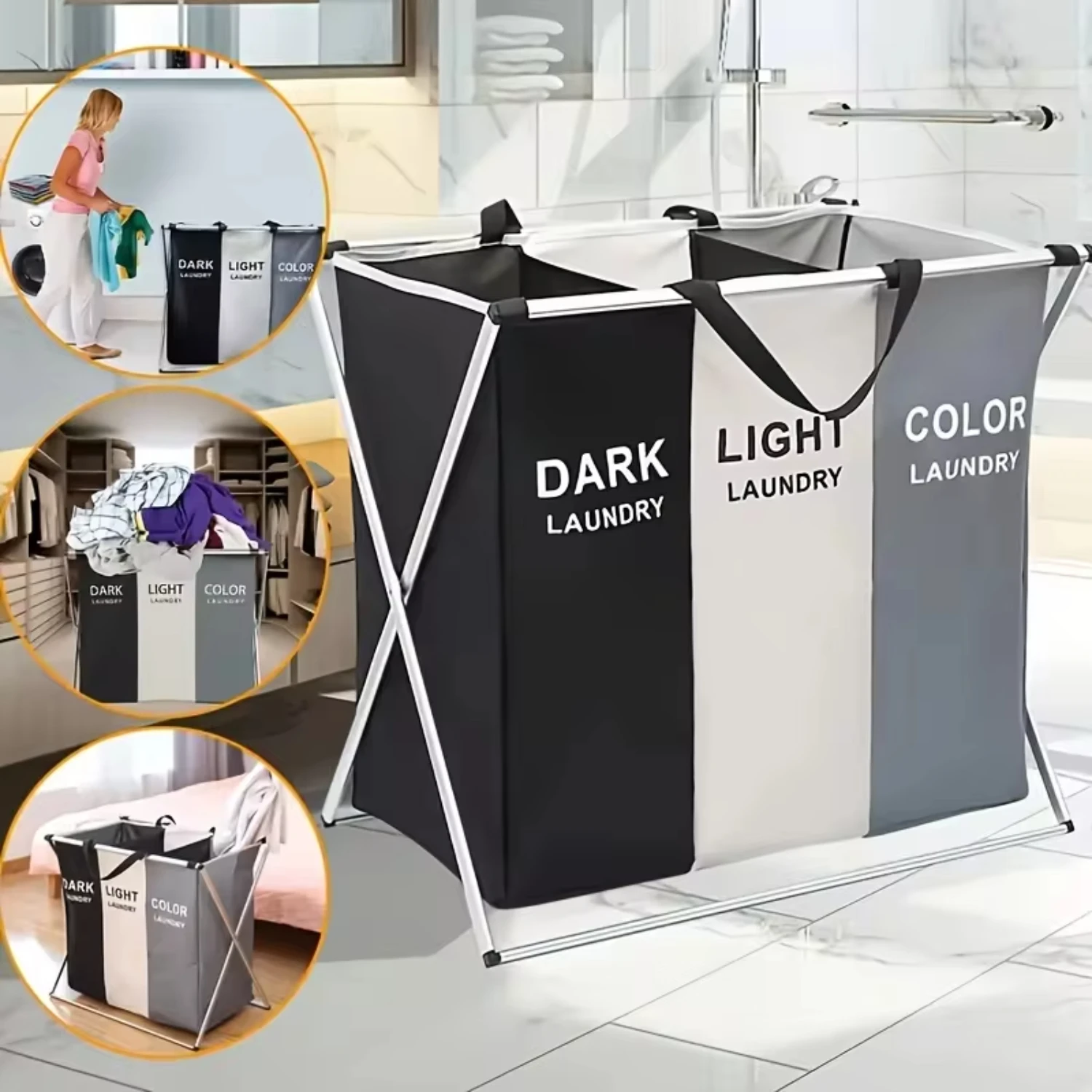 1pc 3 Section Laundry Basket Printed Dark Light Color Foldable Hamper/Sorter Waterproof Oxford Washing Clothes laundry basket portable hamper