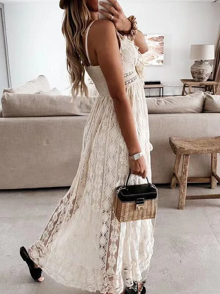 우아한 레이디 여름 레이스 드레스 여성용, V 넥 스파게티 스트랩 Sundress Boho 화이트 맥시 드레스 22194