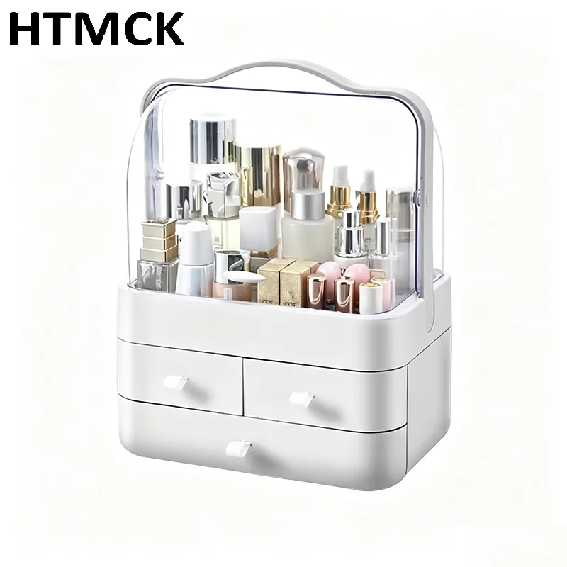 Elegant Dustproof Makeup Organizer with Portable Handle - Large Capacity Cosmetic and Jewelry Storage Box